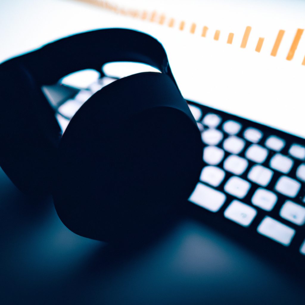 Minimalist user interface with waveform visualization beside headphones and a keyboard.
