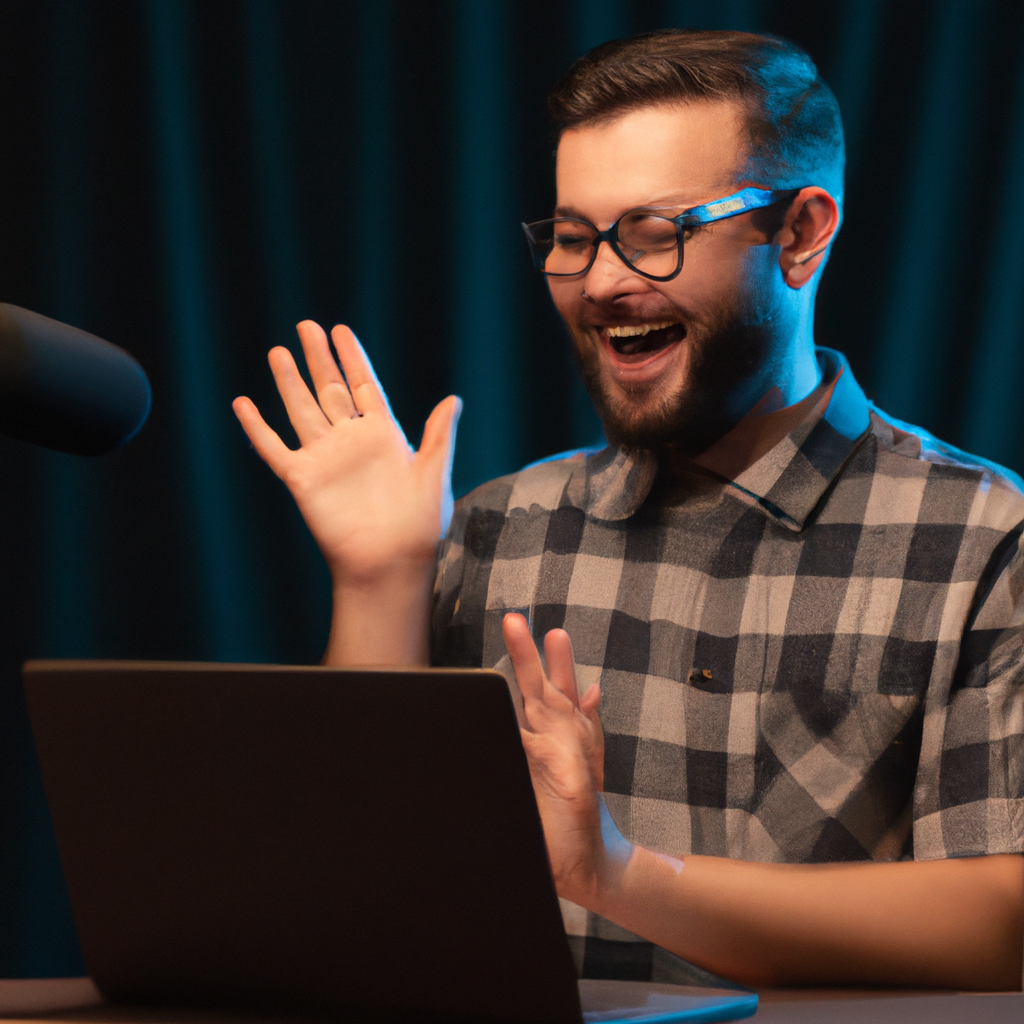 Mentor giving guidance over a video call with a microphone and notebook.